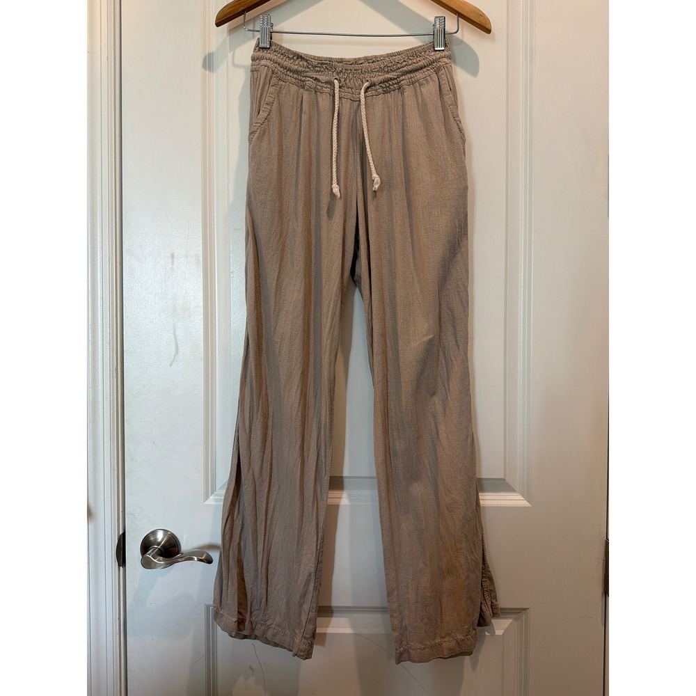 Daydreamer Taupe Linen Blend Smocked Waist Drawstring Wide Leg Pants Small